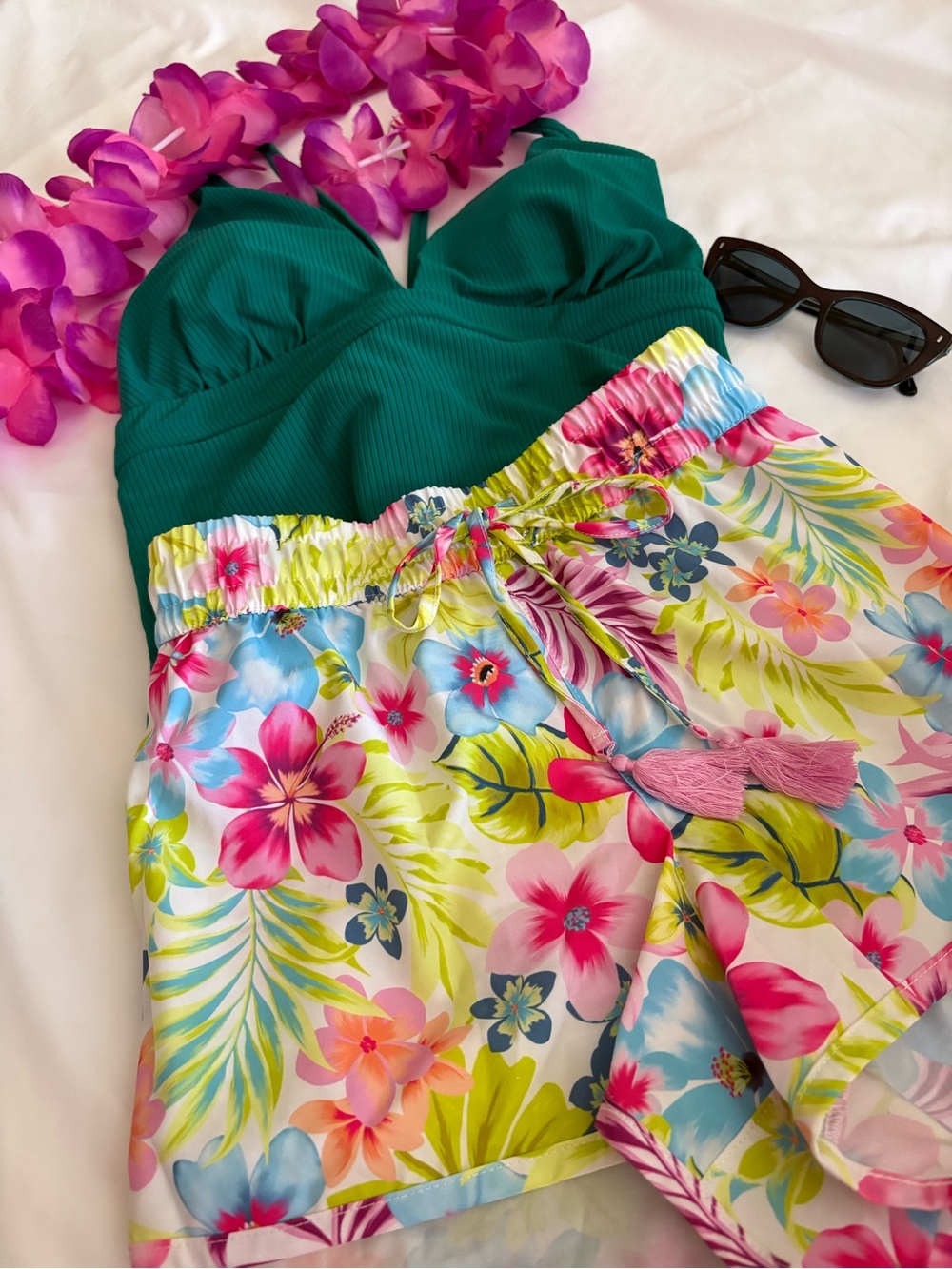 TIME &TRU/Celebrity Pink L Swim Bundle One Piece Tropical Shorts NWOT